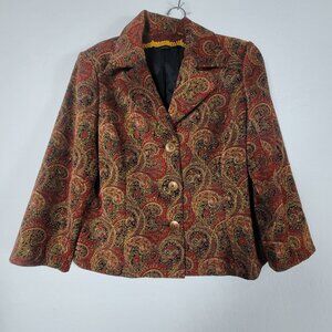 Vintage Spanner Womens Jacquard Paisley Blazer Jacket Size 14 Red & Gold Lined